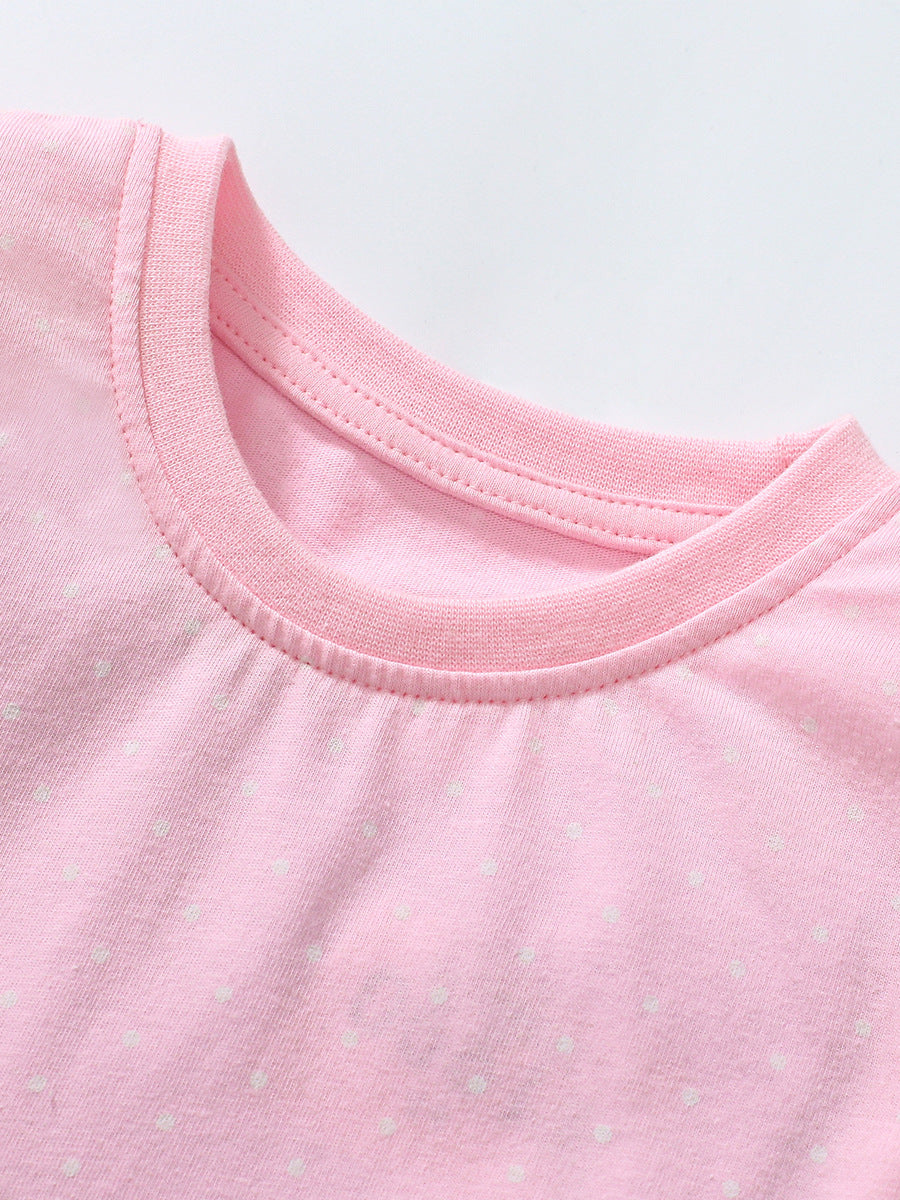 Pink crew neck t-shirt for girls featuring a deer and bird pattern, made from soft cotton, perfect for summer wear.