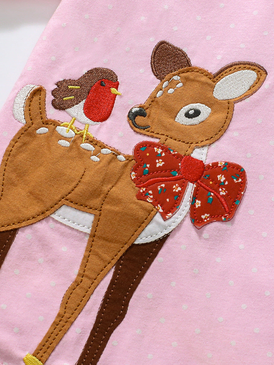 Pink crew neck t-shirt for girls featuring a deer and bird pattern, made from soft cotton, perfect for summer wear.