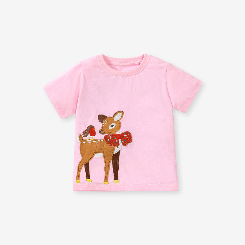 Pink crew neck t-shirt for girls featuring a deer and bird pattern, made from soft cotton, perfect for summer wear.