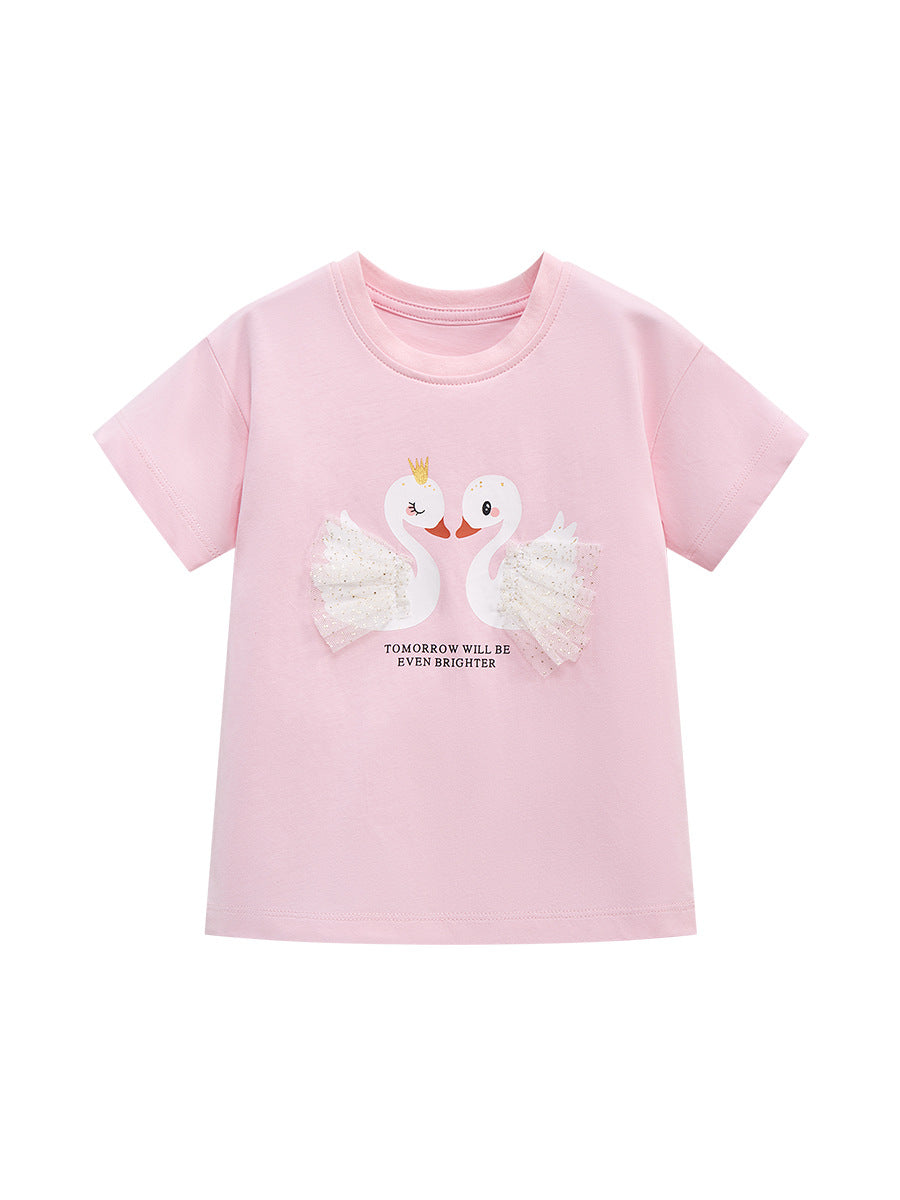 Pink Crew Neck T-Shirt featuring a cute swan couple cartoon design for girls, made from soft cotton fabric.