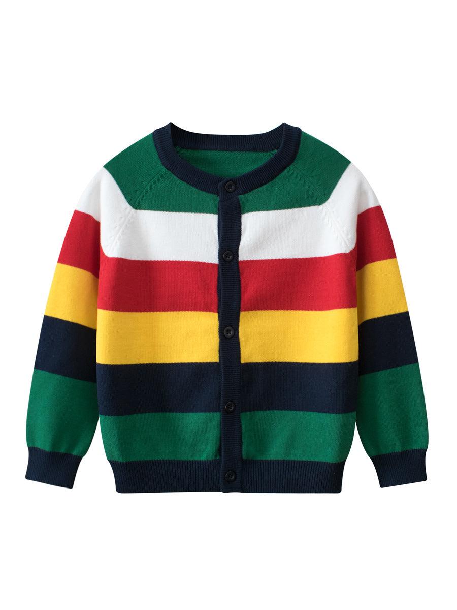 A vibrant rainbow striped knit sweater cardigan for boys, made of soft cotton, perfect for spring and autumn wear.