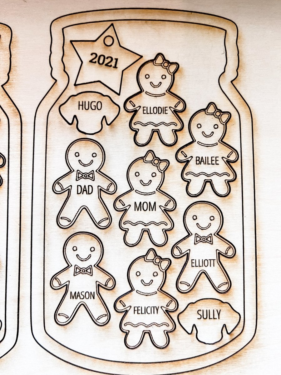 Custom Family Gingerbread Ornament featuring personalized names and pet inclusion, handmade with wood and acrylic.