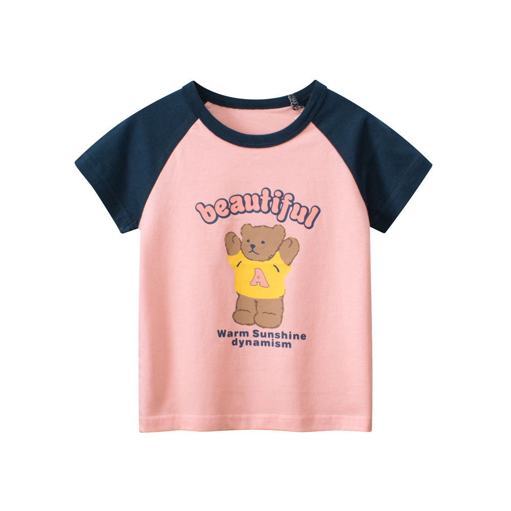 Cute pink bear print patchwork t-shirt for girls, perfect for summer wear, made from soft cotton material.