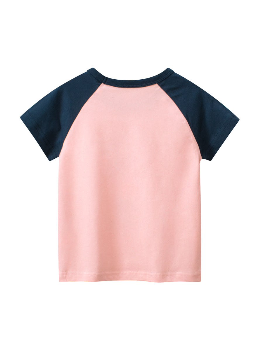 Cute pink bear print patchwork t-shirt for girls, perfect for summer wear, made from soft cotton material.