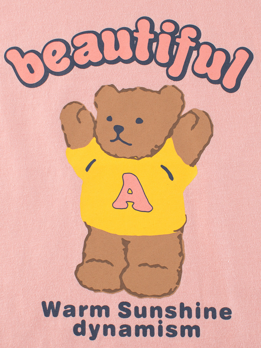 Cute pink bear print patchwork t-shirt for girls, perfect for summer wear, made from soft cotton material.