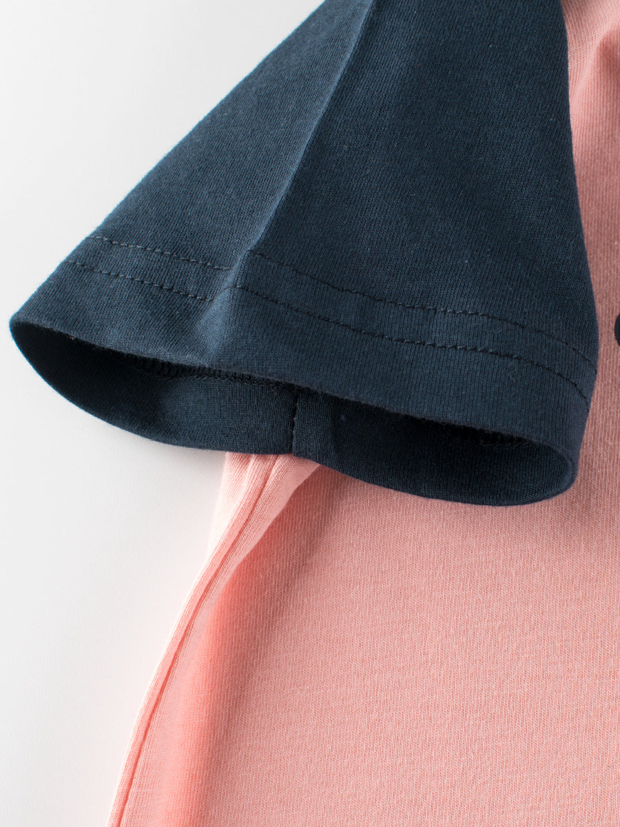 Cute pink bear print patchwork t-shirt for girls, perfect for summer wear, made from soft cotton material.