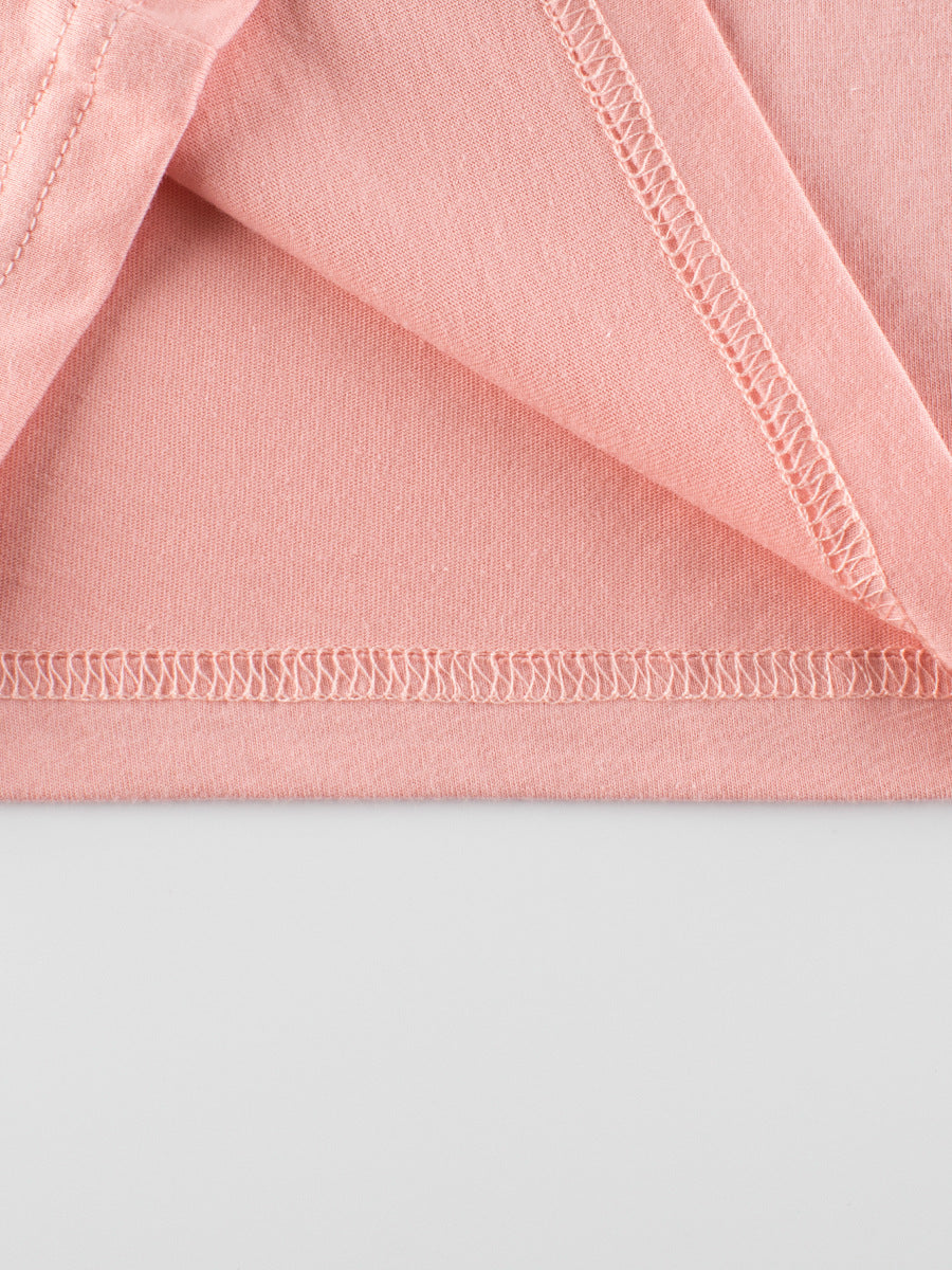 Cute pink bear print patchwork t-shirt for girls, perfect for summer wear, made from soft cotton material.