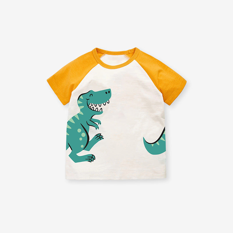 Cute yellow knit t-shirt featuring a dinosaur cartoon design for kids, perfect for summer wear.