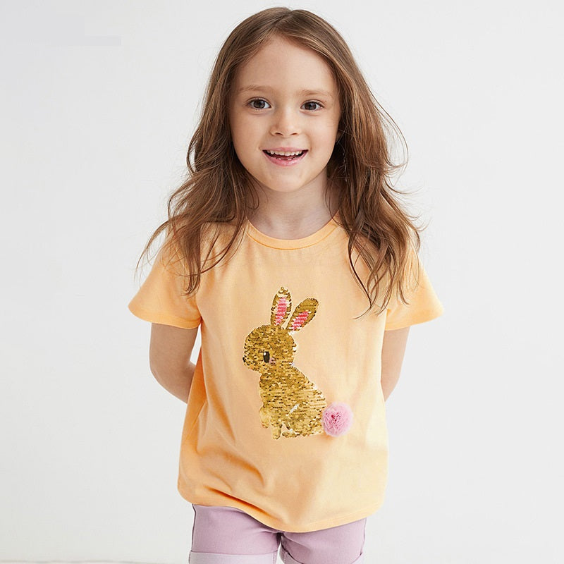 Cute Knit Round Neck Shimmer Girls’ T-Shirt in apricot color with animal and cartoon patterns, perfect for summer wear.