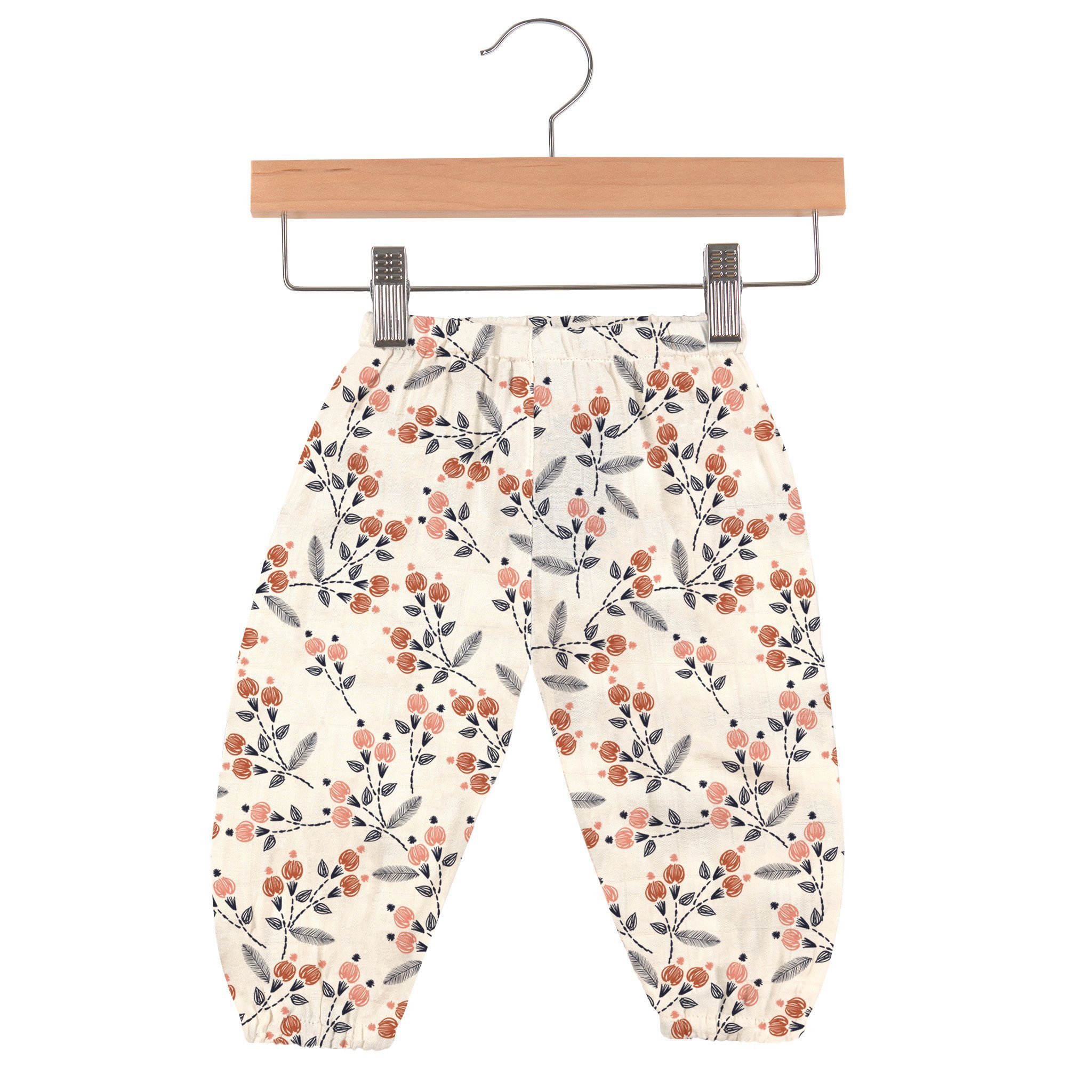 Dahlia Floral Bamboo Newcastle Mini Pants featuring a soft floral design, made from 100% natural bamboo muslin, perfect for babies.