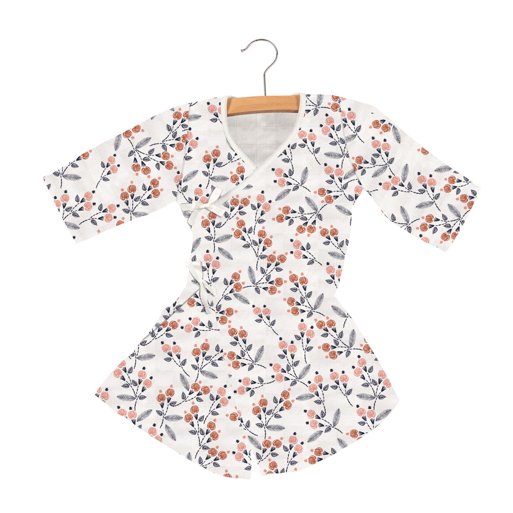 Dahlia Floral Bamboo Newcastle Mini Robe featuring a soft floral design and adjustable wrap ties, perfect for children.