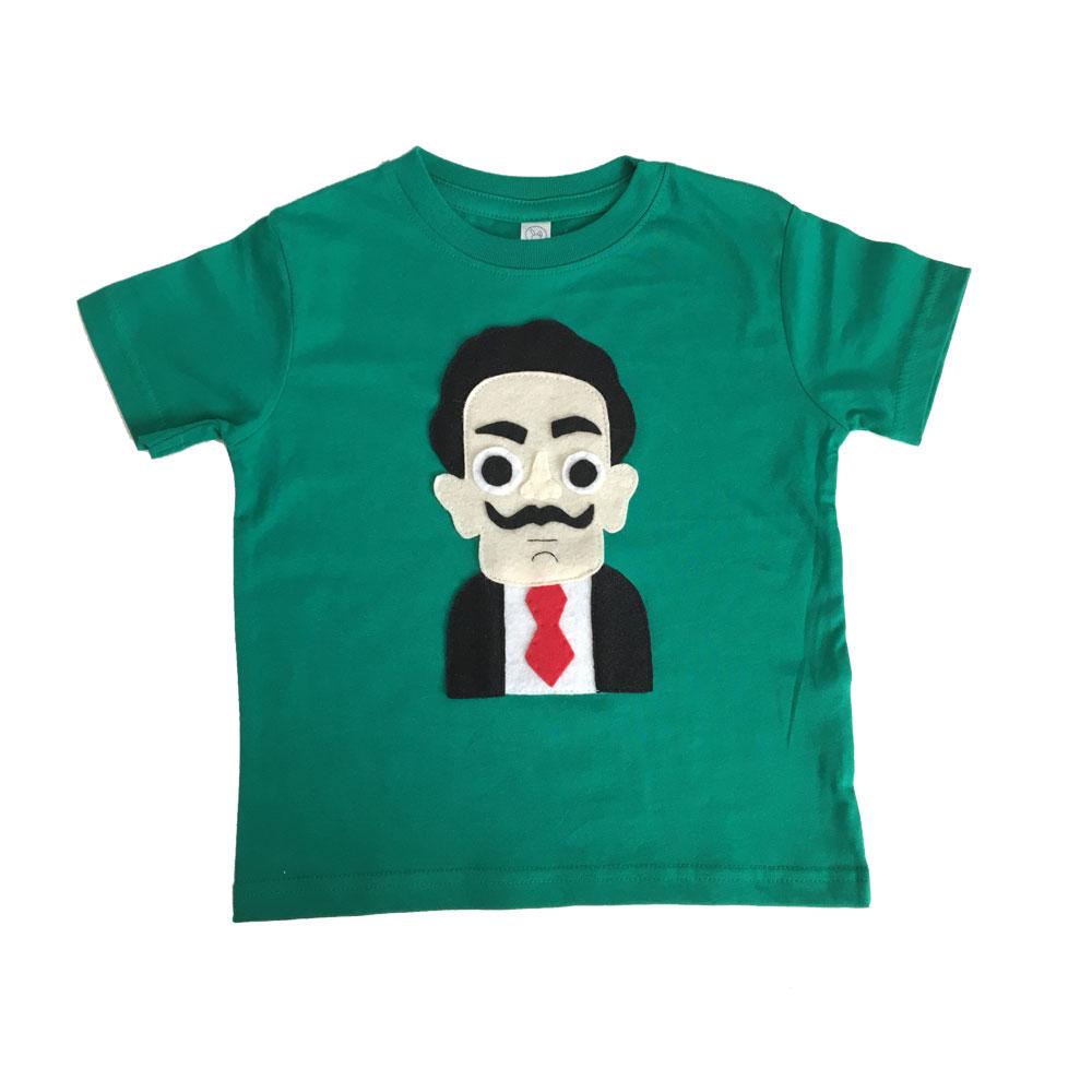 Dali Kids Shirt in Kelly Green featuring a playful mustache design, handmade with appliquéd felt pieces, perfect for little artists.