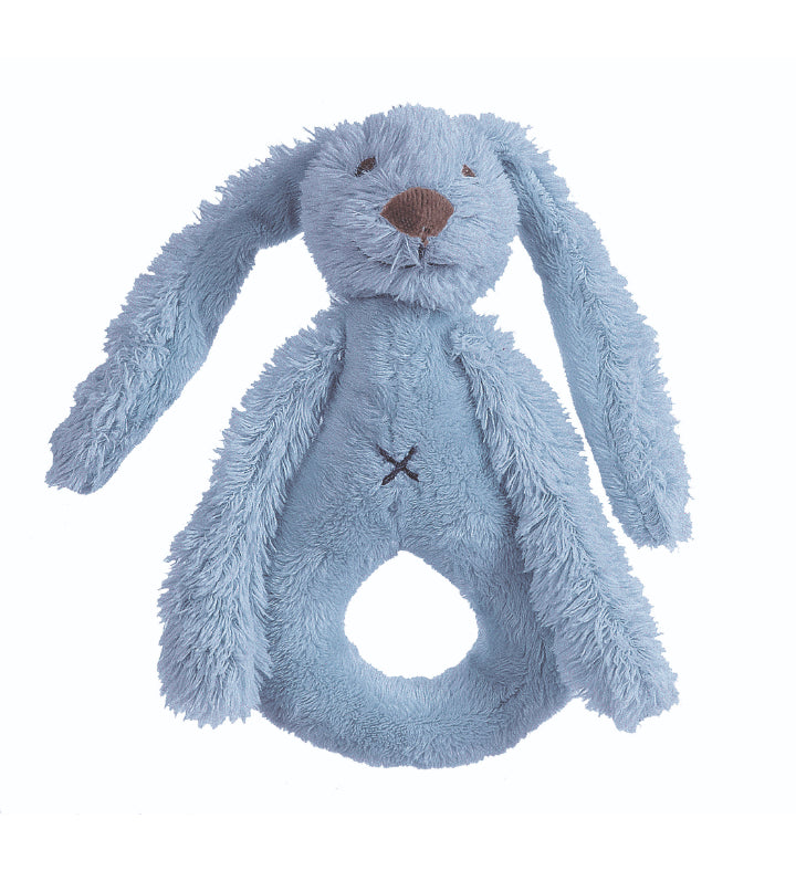 Deep Blue Rabbit Richie Rattle by Happy Horse, soft and cuddly with a gentle rattling sound, perfect for infants.