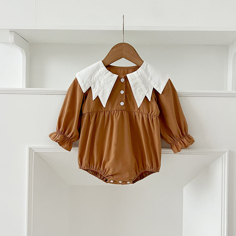 A stylish autumn patchwork dress for baby girls featuring a bat-wings shaped collar in brown and coffee colors.