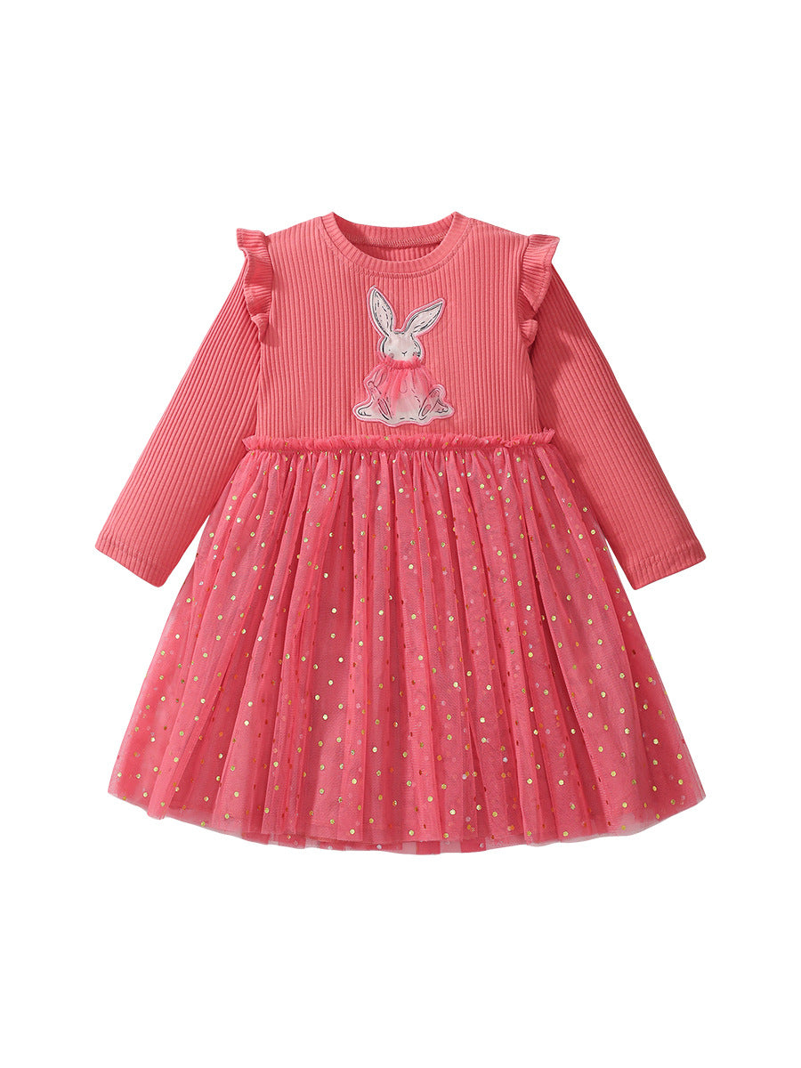 A vibrant red long sleeve shirt featuring a cute cartoon rabbit pattern, perfect for girls aged 12 months to 10 years.