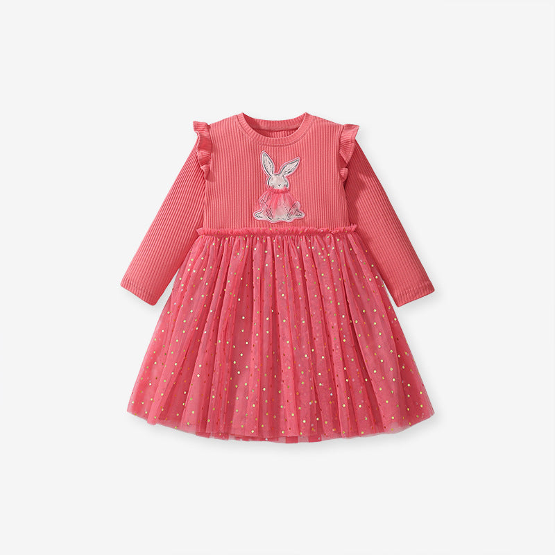 A vibrant red long sleeve shirt featuring a cute cartoon rabbit pattern, perfect for girls aged 12 months to 10 years.