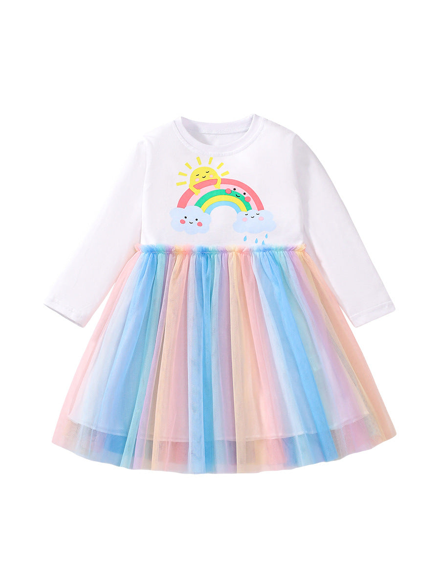 Colorful long sleeve shirt for girls featuring a cartoon rainbow and clouds pattern, made from soft cotton material.