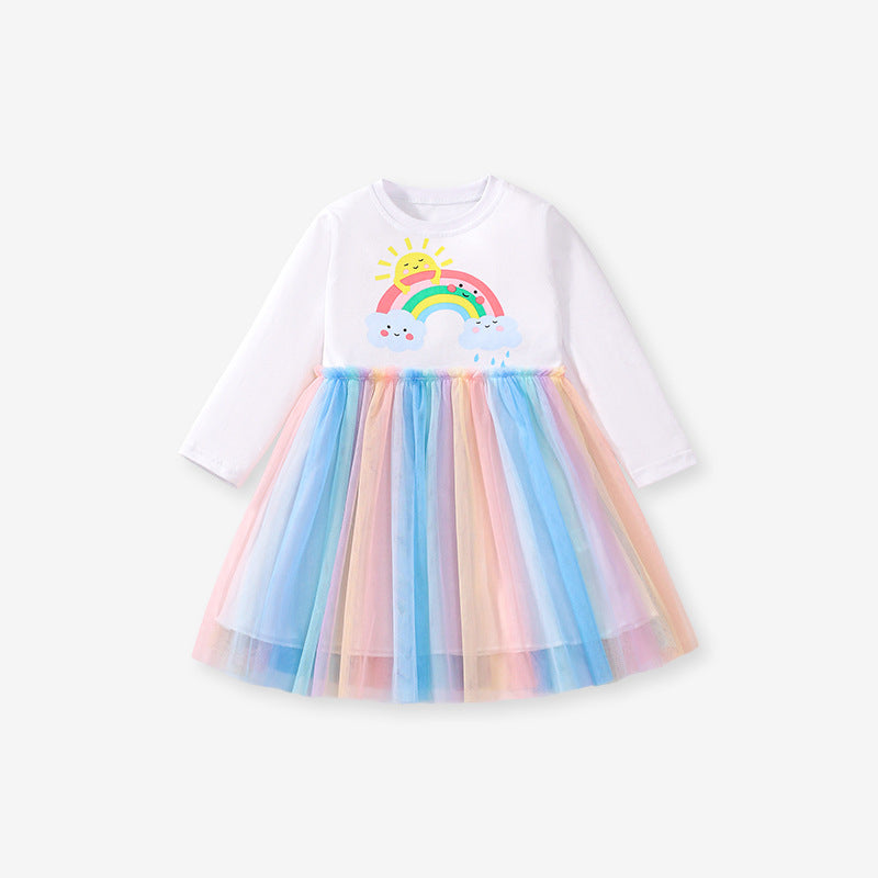 Colorful long sleeve shirt for girls featuring a cartoon rainbow and clouds pattern, made from soft cotton material.