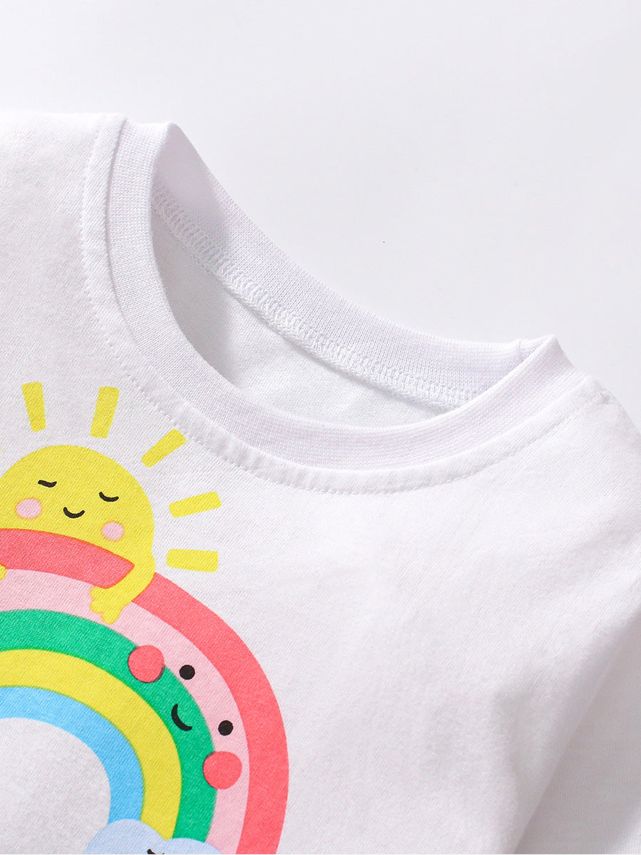 Colorful long sleeve shirt for girls featuring a cartoon rainbow and clouds pattern, made from soft cotton material.