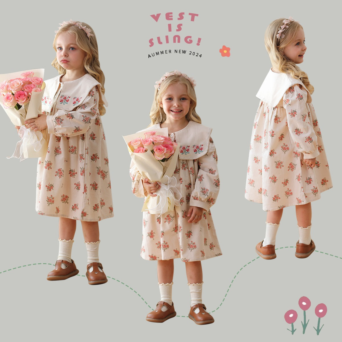 A beautiful pink floral long sleeves dress with a square collar, perfect for autumn fashion for girls.