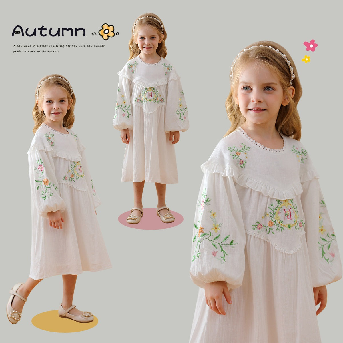 A charming autumn dress for girls featuring a floral and vines pattern with a ruffle neck and long puff sleeves, available in white and pink.