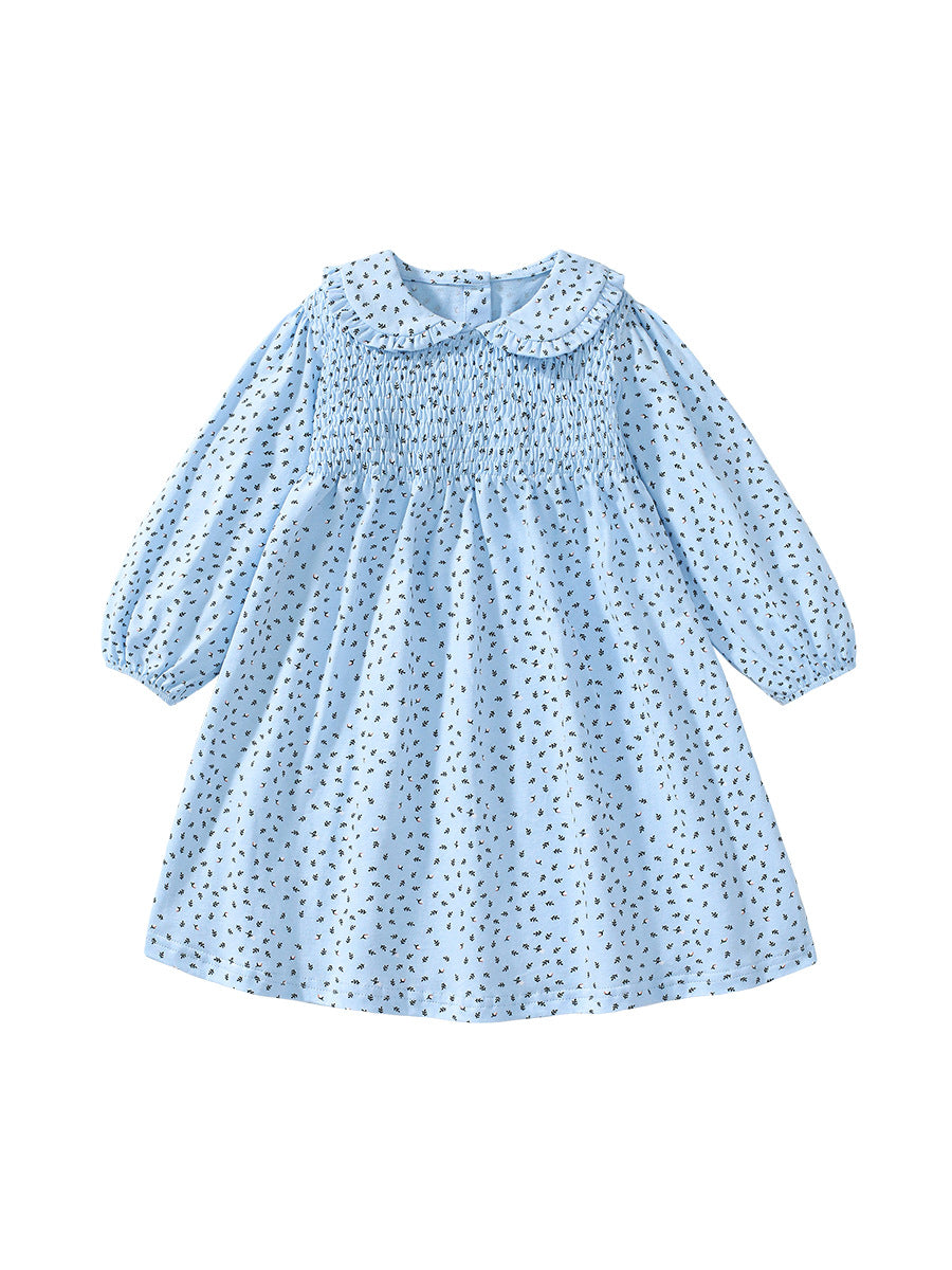 A blue long dress for girls featuring a floral pattern and a Peter Pan collar, perfect for autumn and spring seasons.