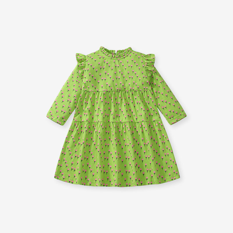 A stylish green long-sleeve top for girls featuring a floral pattern and ruffle neck, perfect for spring and autumn wear.
