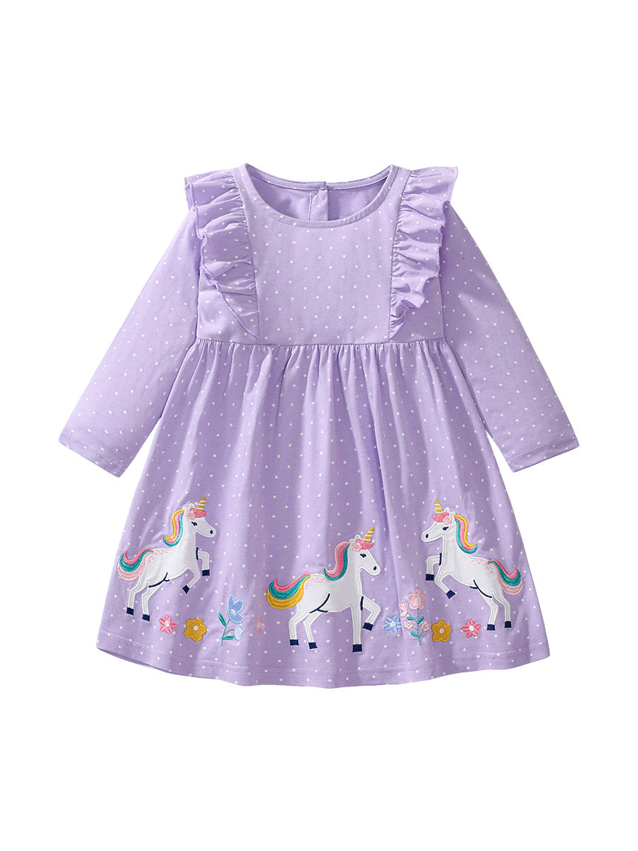 A vibrant purple long sleeve top featuring a unicorn cartoon design and dots pattern, perfect for girls aged 1-10.