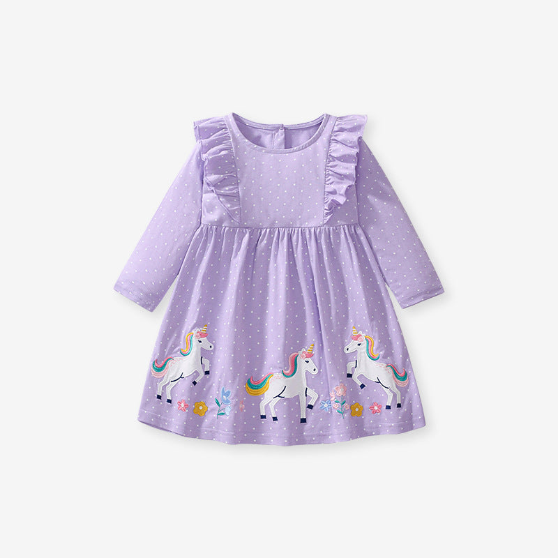 A vibrant purple long sleeve top featuring a unicorn cartoon design and dots pattern, perfect for girls aged 1-10.