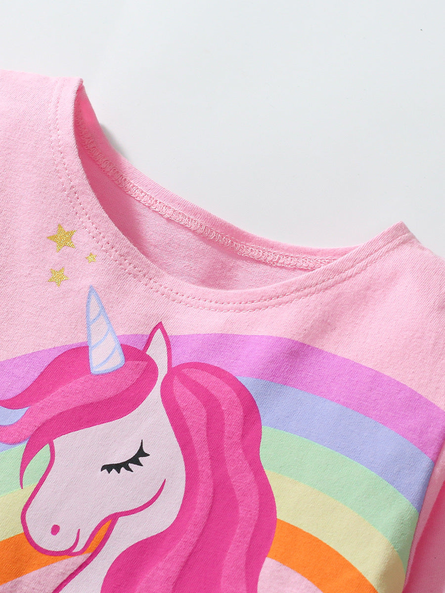 A pink long-sleeve crew neck top featuring a whimsical unicorn cartoon pattern, perfect for girls aged 12 months to 10 years.
