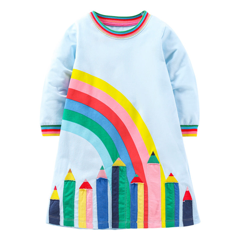 A vibrant long dress for girls featuring a colorful pencil design and rainbow pattern, made from soft cotton, perfect for autumn and spring.