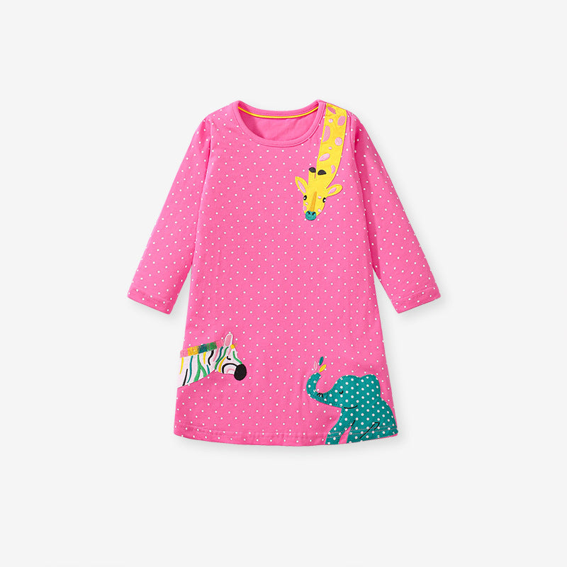 A pink long-sleeved dress for girls featuring vivid dots and animal patterns, made from soft cotton, perfect for autumn and spring wear.