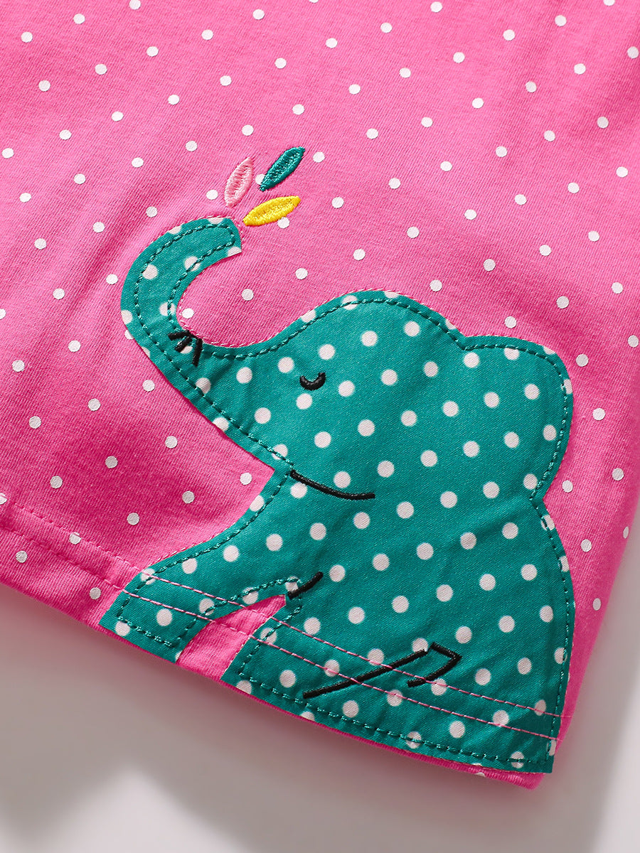 A pink long-sleeved dress for girls featuring vivid dots and animal patterns, made from soft cotton, perfect for autumn and spring wear.