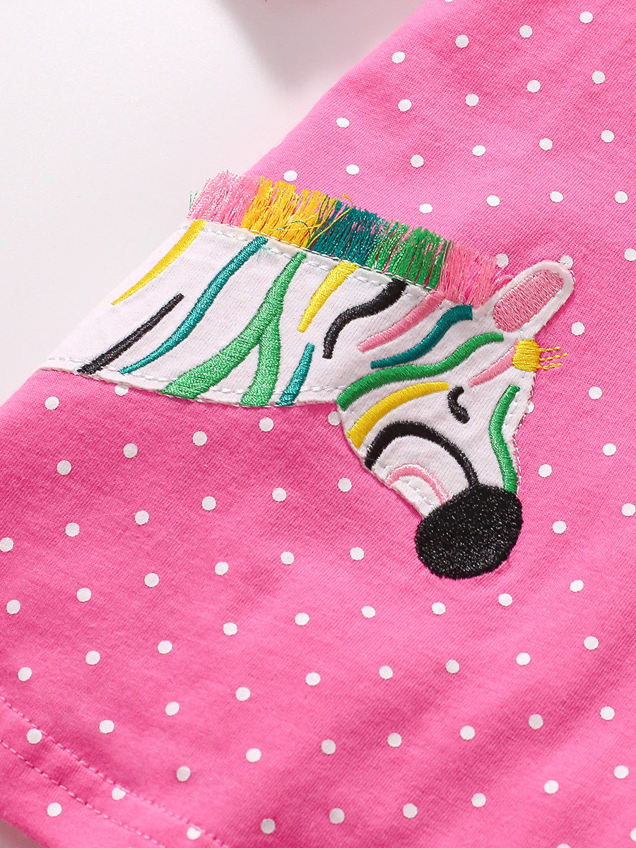 A pink long-sleeved dress for girls featuring vivid dots and animal patterns, made from soft cotton, perfect for autumn and spring wear.