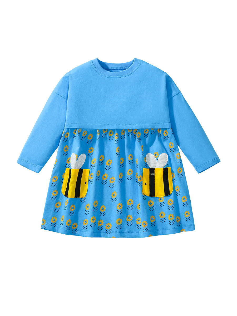 A blue long dress for girls featuring a vivid floral pattern and bees, made from soft cotton, perfect for spring and autumn wear.