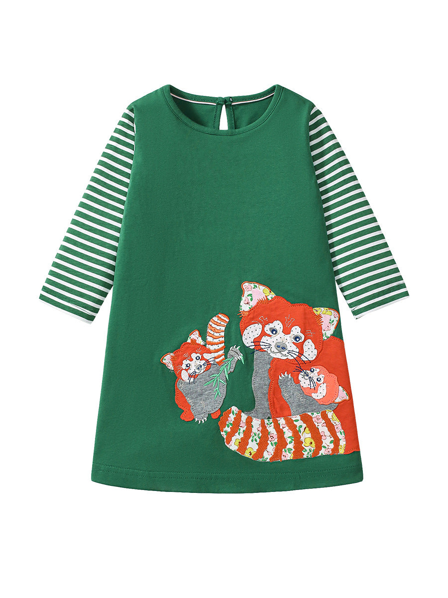 A green long dress for girls featuring a vivid fox appliqué embroidery pattern, perfect for autumn wear.