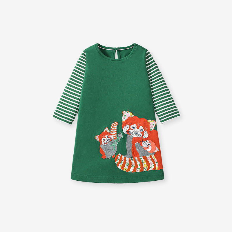 A green long dress for girls featuring a vivid fox appliqué embroidery pattern, perfect for autumn wear.