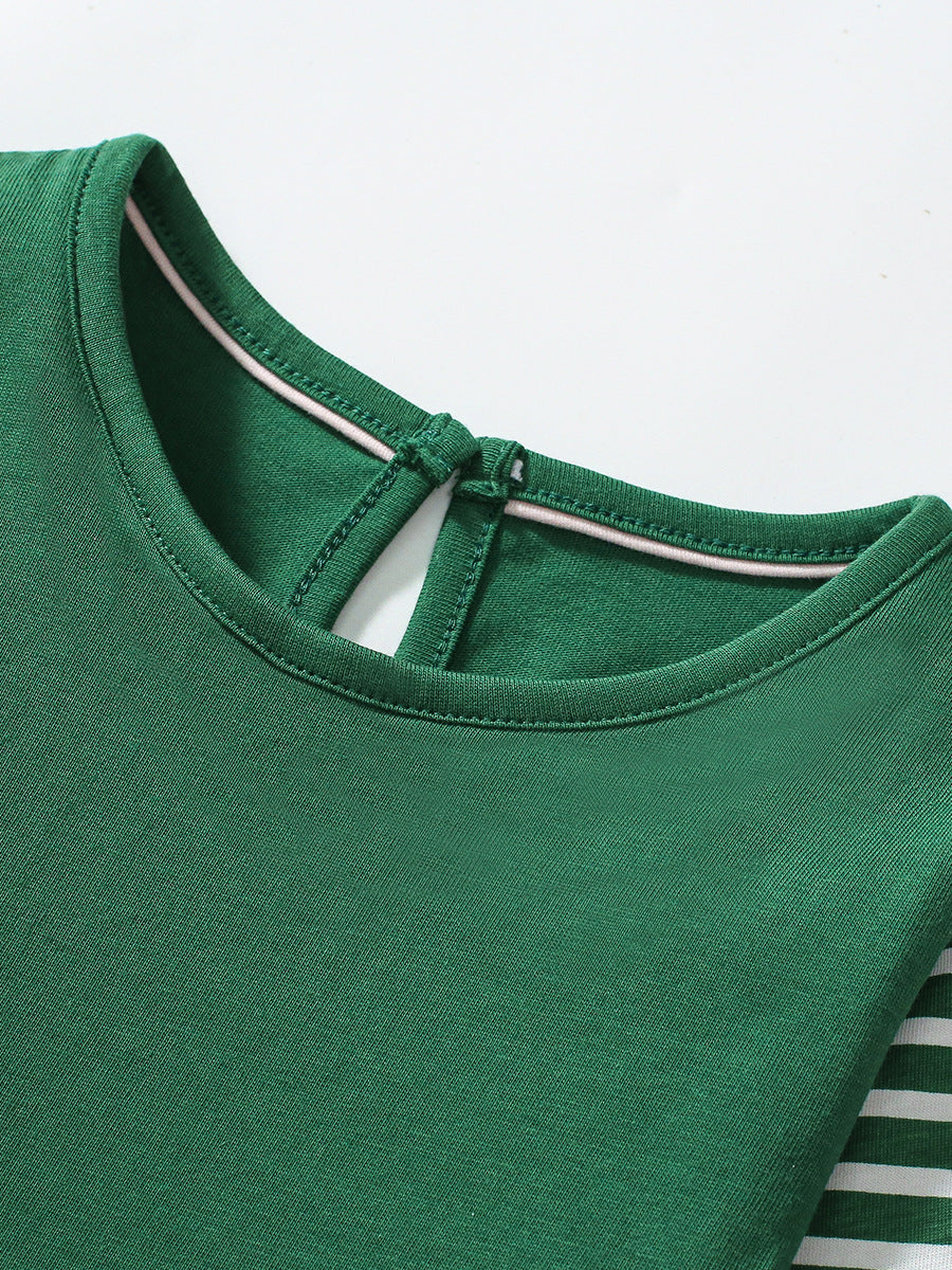 A green long dress for girls featuring a vivid fox appliqué embroidery pattern, perfect for autumn wear.