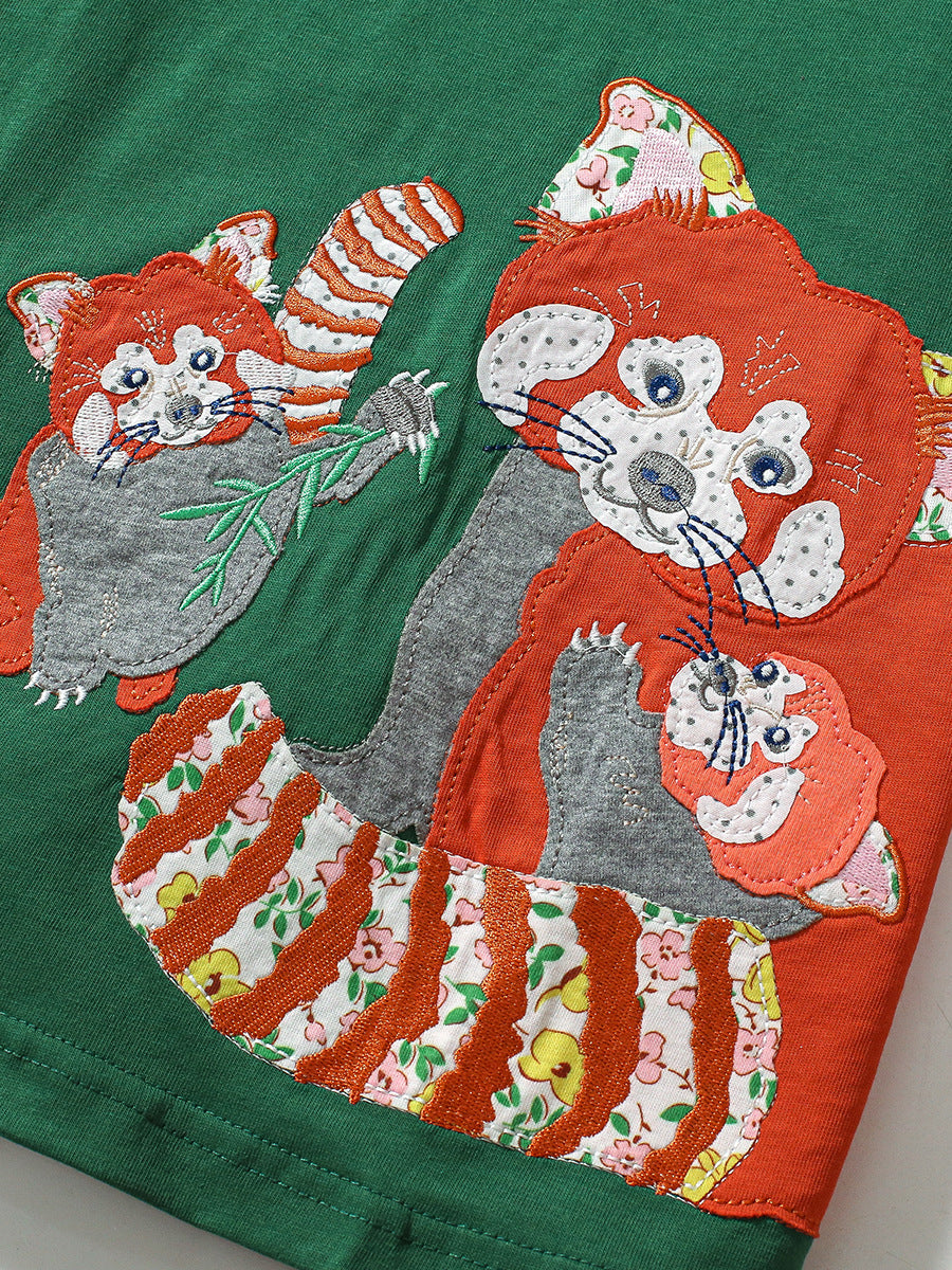 A green long dress for girls featuring a vivid fox appliqué embroidery pattern, perfect for autumn wear.