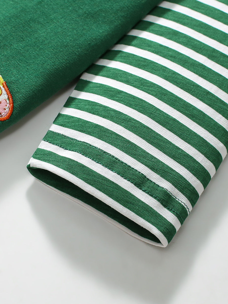 A green long dress for girls featuring a vivid fox appliqué embroidery pattern, perfect for autumn wear.