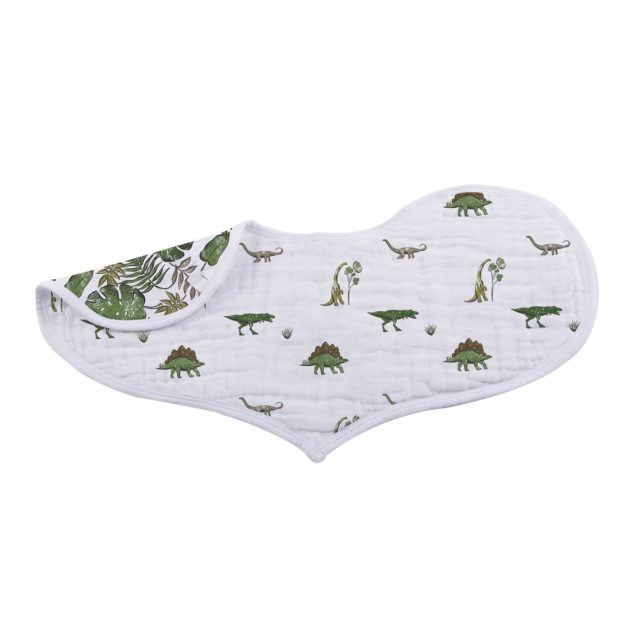 Dino Days Cotton Burp Cloth Bib 2PK featuring soft cotton muslin with dinosaur prints, designed for feeding and teething.