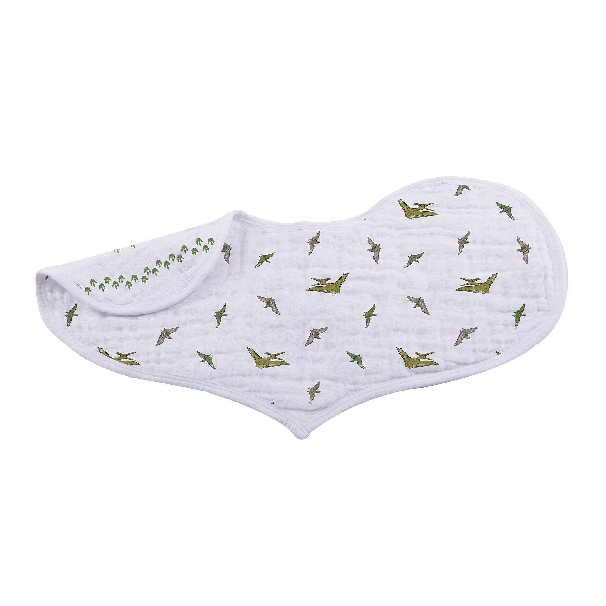 Dino Days Cotton Burp Cloth Bib 2PK featuring soft cotton muslin with dinosaur prints, designed for feeding and teething.