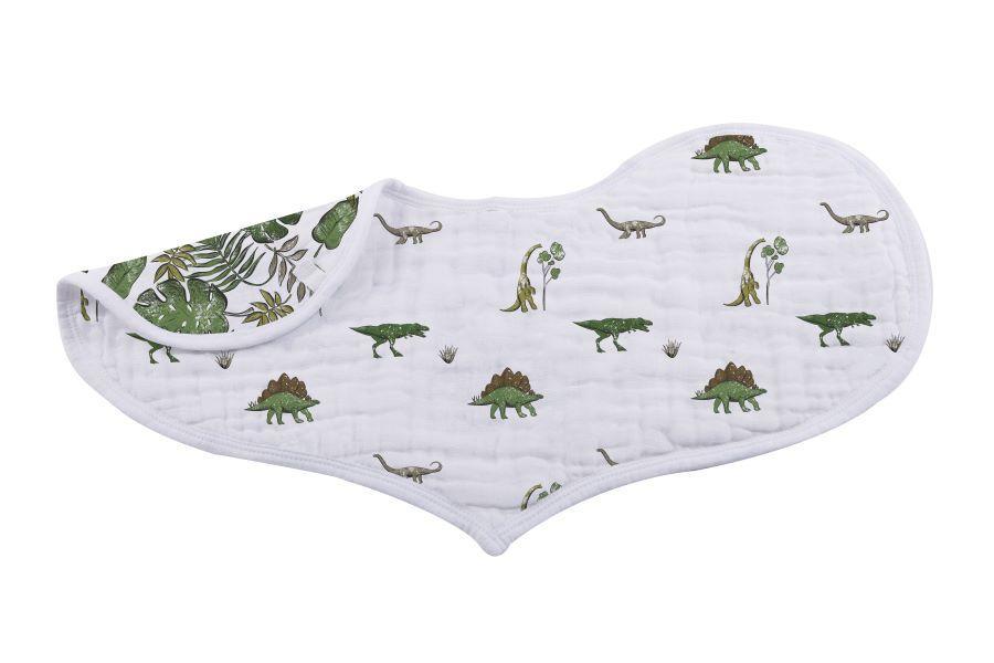 Dino Days Cotton Burp Cloth Bib 2PK featuring soft cotton muslin with dinosaur prints, designed for feeding and teething.