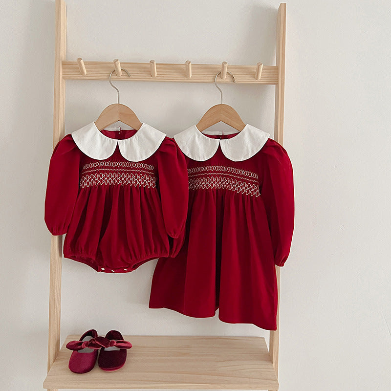 Doll Neck Red Long Sleeve Fashion Onesies & Dress for baby girls, showcasing a vibrant red color and elegant design.