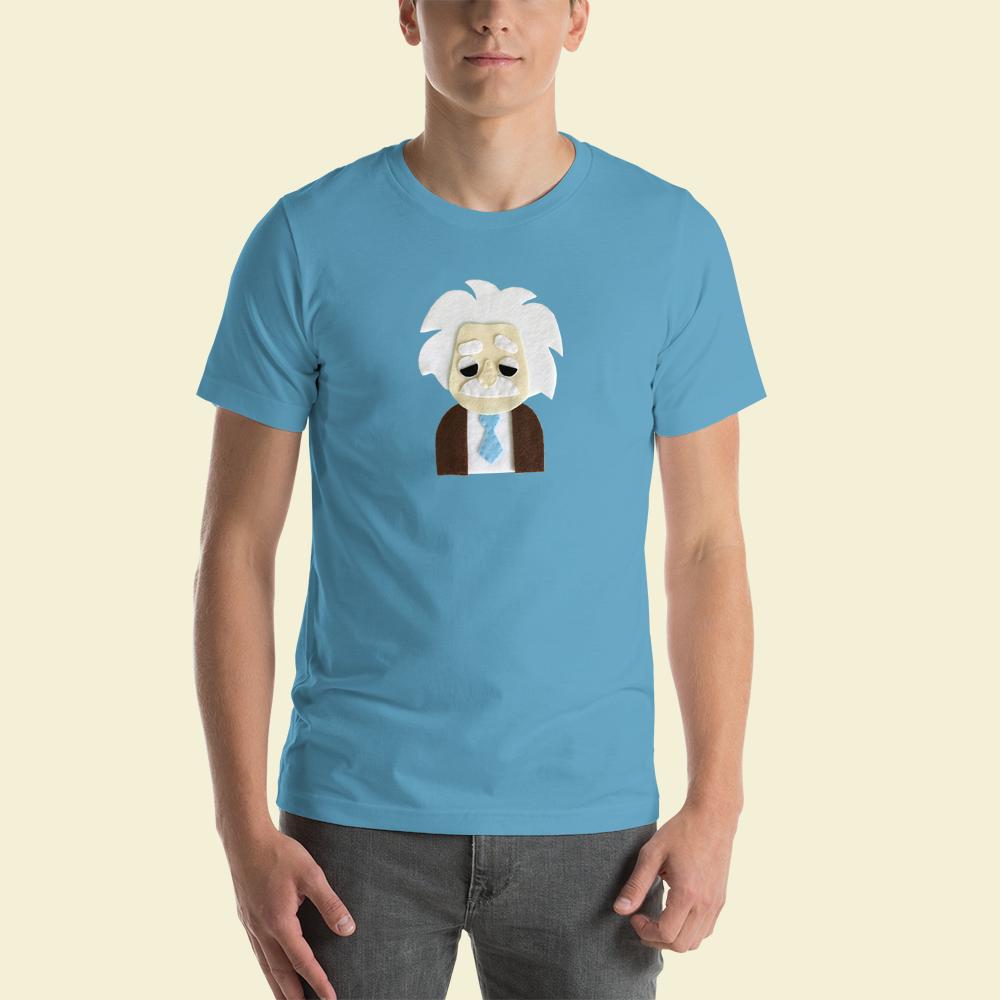 A handmade Einstein Men's T-Shirt featuring unique felt appliqué design, showcasing creativity and individuality.