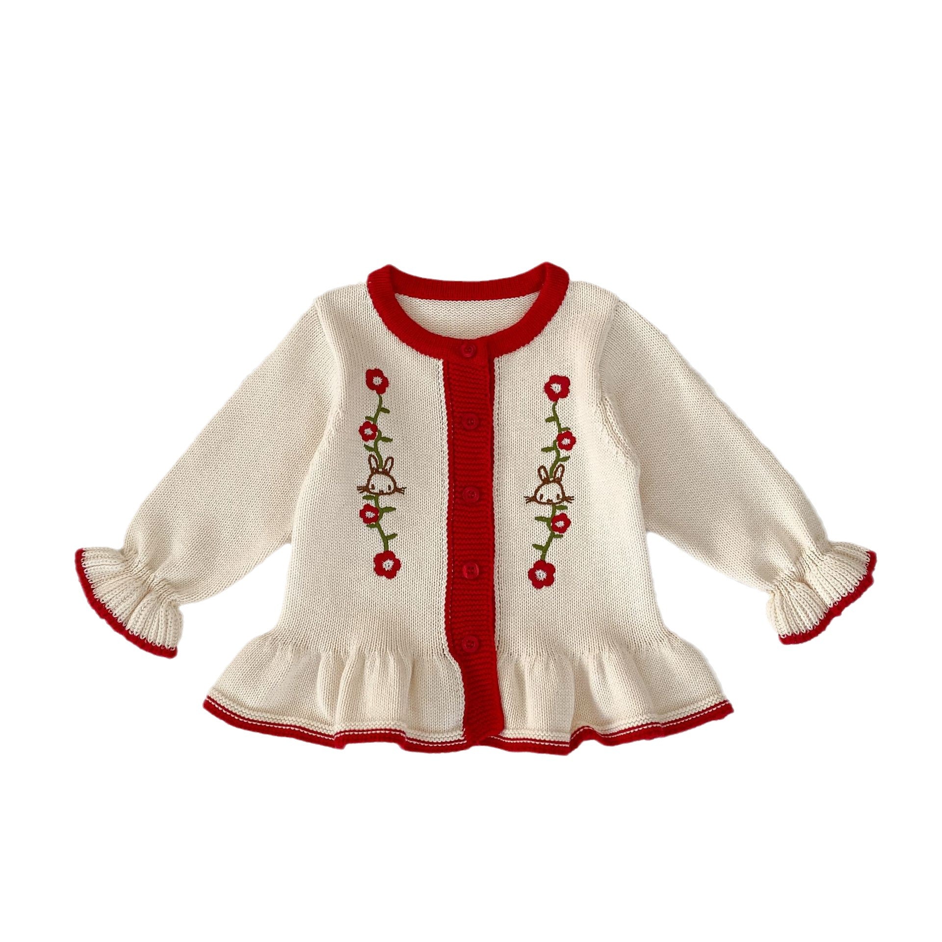 A beige knitted cardigan for baby girls featuring floral embroidery, perfect for autumn wear.