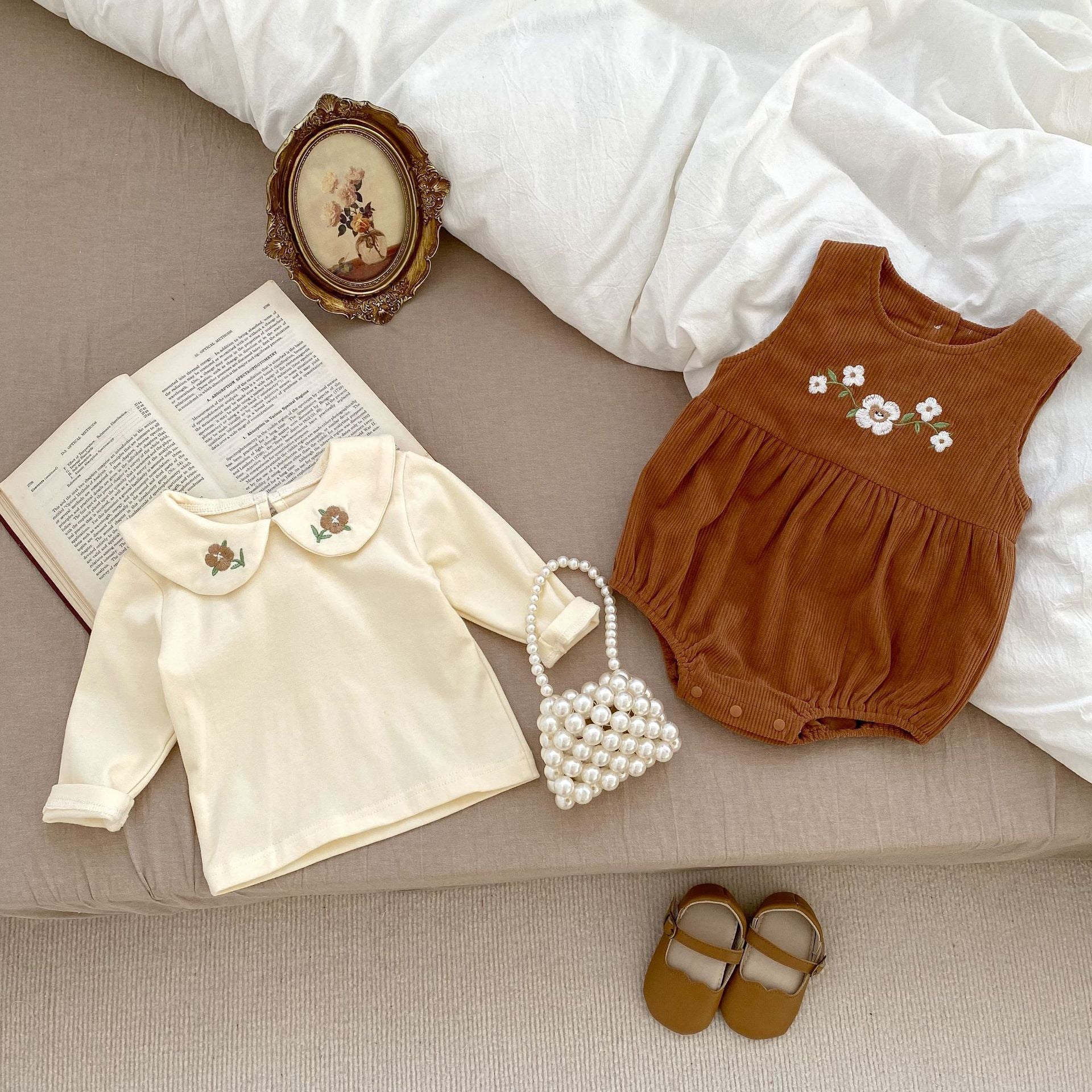 Embroidered Design Triangle Onesies with Blouse Sets in brown color for baby girls, featuring floral embroidery and a stylish blouse.