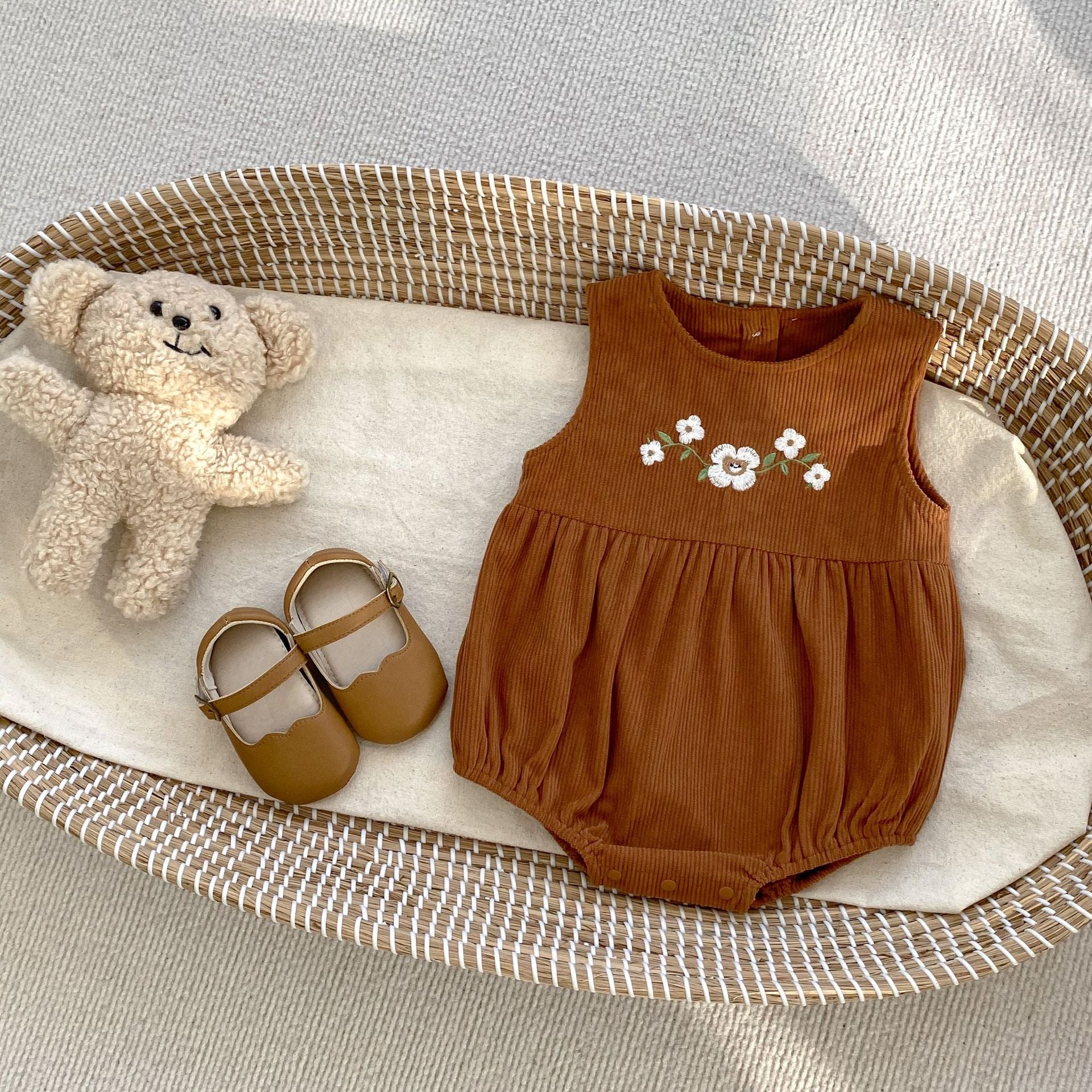 Embroidered Design Triangle Onesies with Blouse Sets in brown color for baby girls, featuring floral embroidery and a stylish blouse.