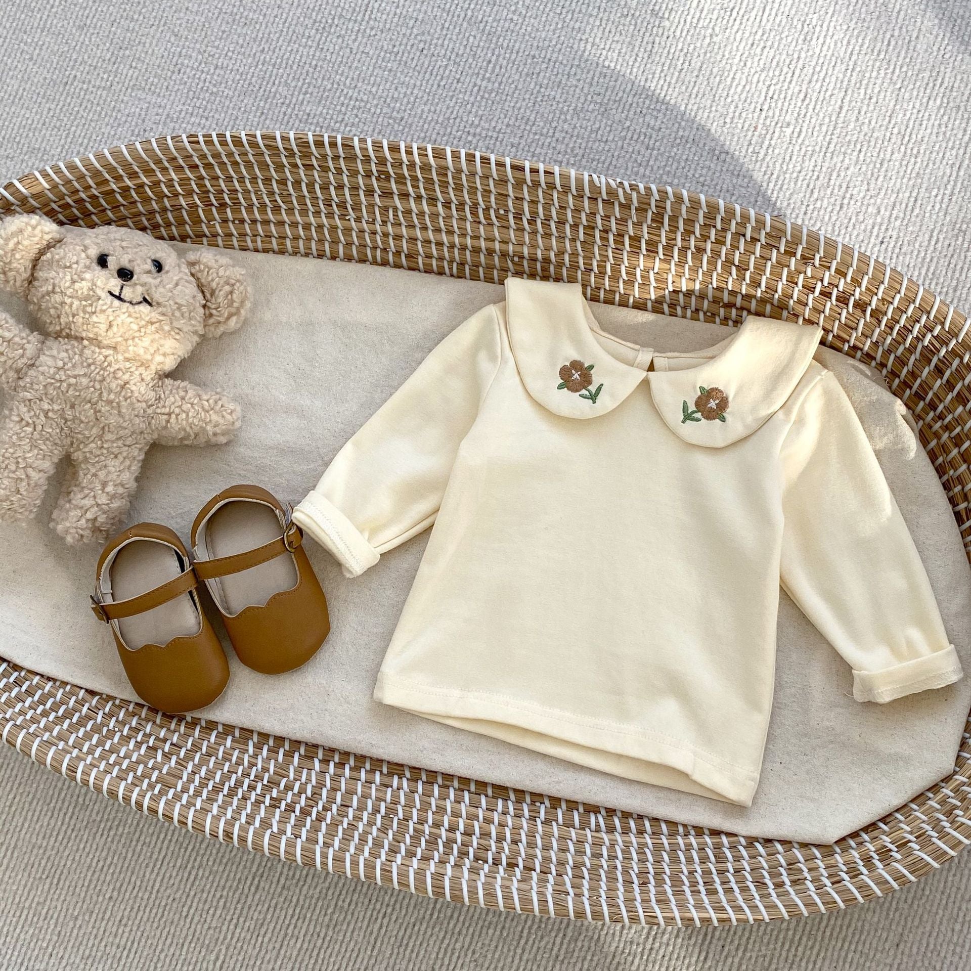 Embroidered Design Triangle Onesies with Blouse Sets in brown color for baby girls, featuring floral embroidery and a stylish blouse.
