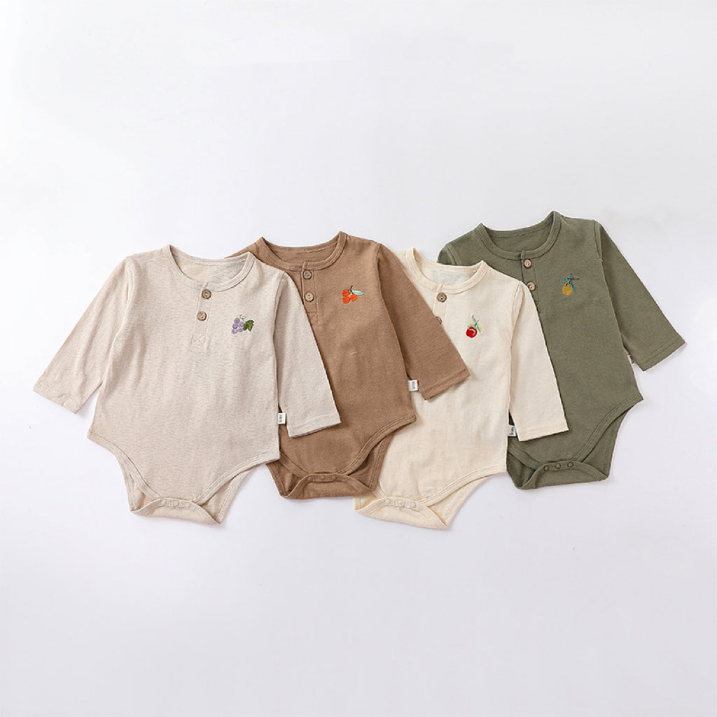 Embroidered Graphic Long Sleeve Onesies in various colors for babies, showcasing soft cotton fabric and stylish embroidery.